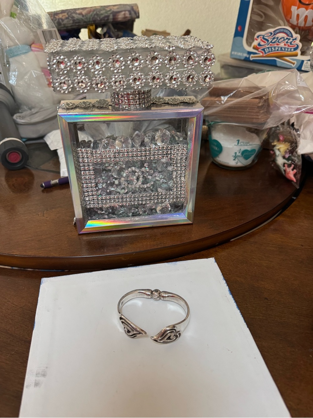 Brighton Women's Silver-Tone Double Heart Rhinestone Crystal Clamper Bracelet